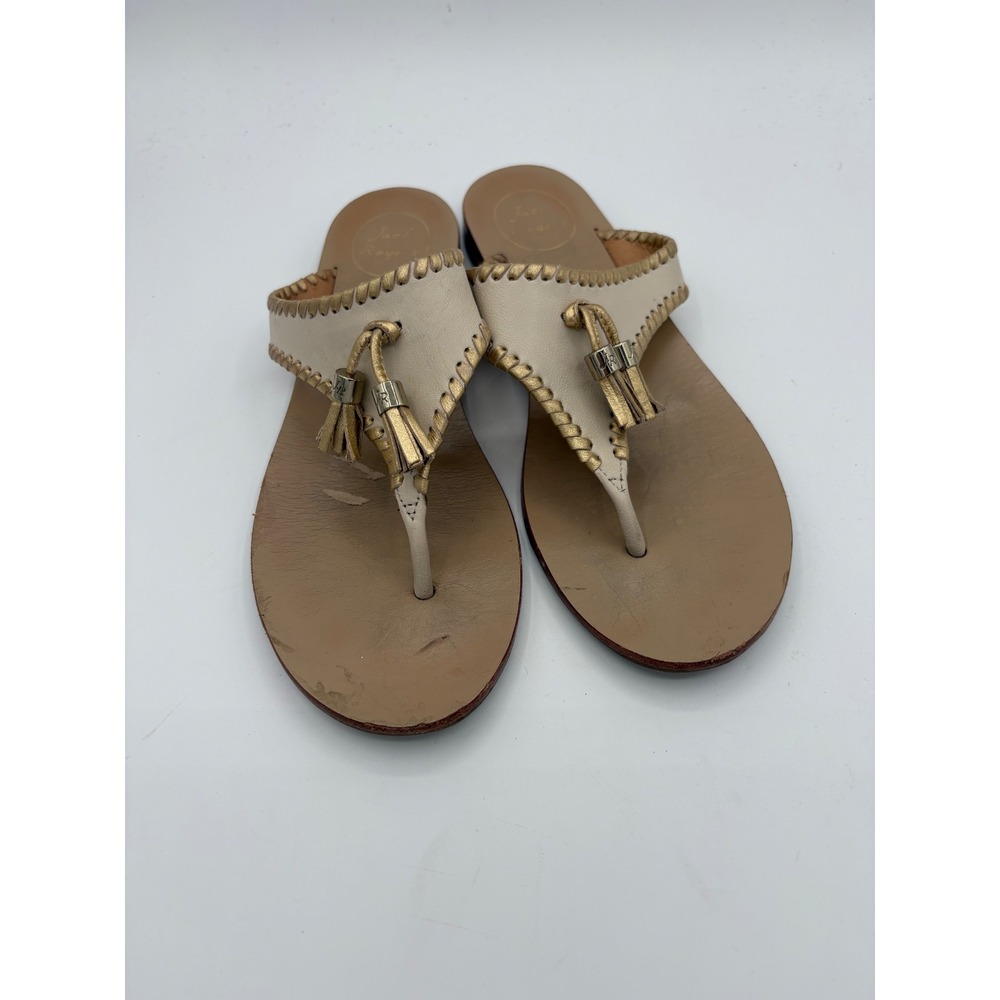 Jack Rogers Hamptons Tassel Sandals Cream Gold Leather Thong Flats Womens 9M